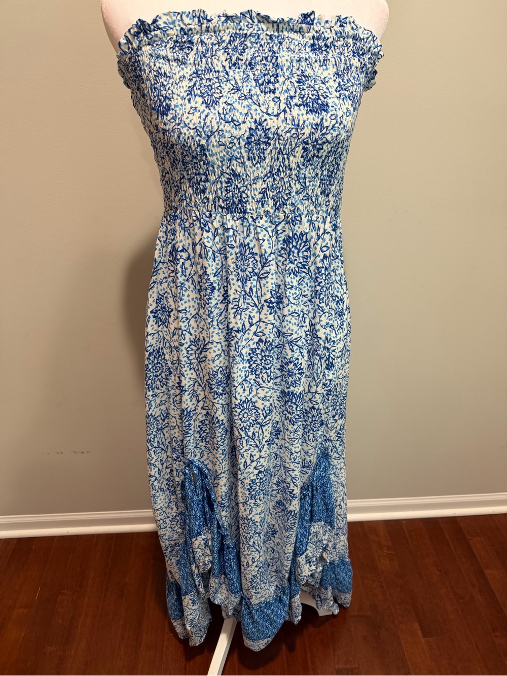 ILLA ILLA Blue and White Printed Sundress smocked high low ruffle bottom dress